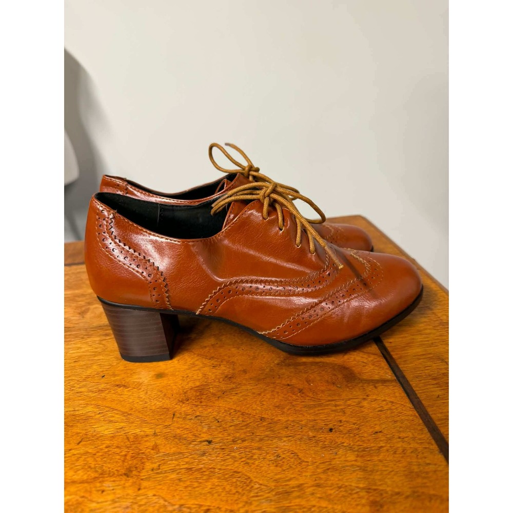 Odema Womens 38 Brown Wingtip Oxford Block Heel Brogue Lace Up Vintage Style